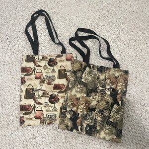 2 Tote Bags - One with Cats and One with Shoes, Purse, Hats. 2 Shoulder Straps.